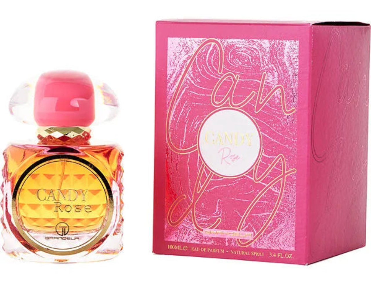 Grandeur Candy Rose – Perfume bottle with pink cap and gold accents next to its pink box with gold lettering.