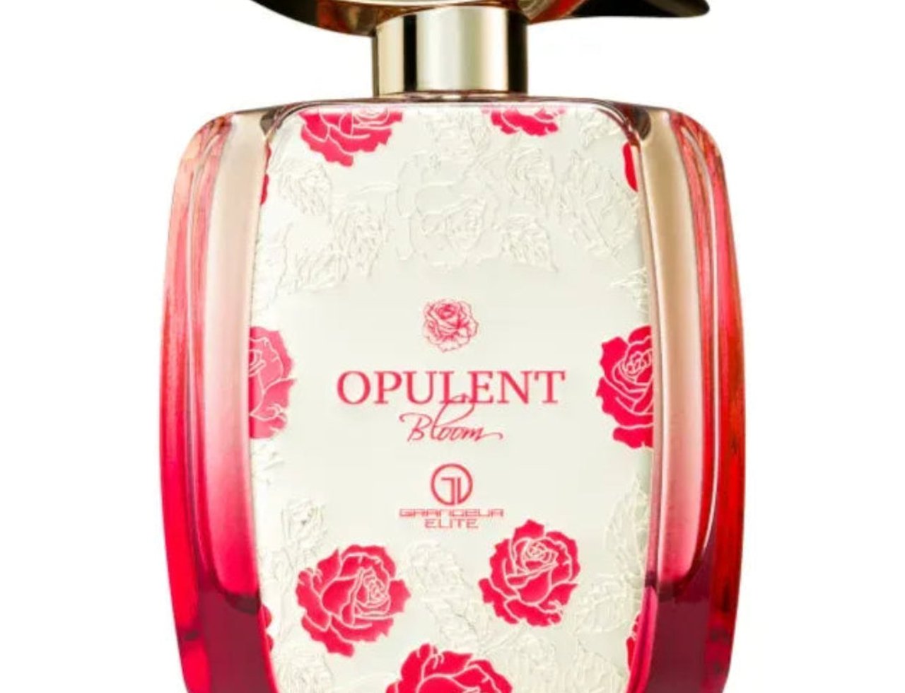 Grandeur Opulent Bloom Red by Grandeur Elite 100 ml untuk Wanita — Botol minyak wangi kaca segi empat dengan sisi gradien merah, corak bunga timbul putih, dan penutup emas berbentuk daun.