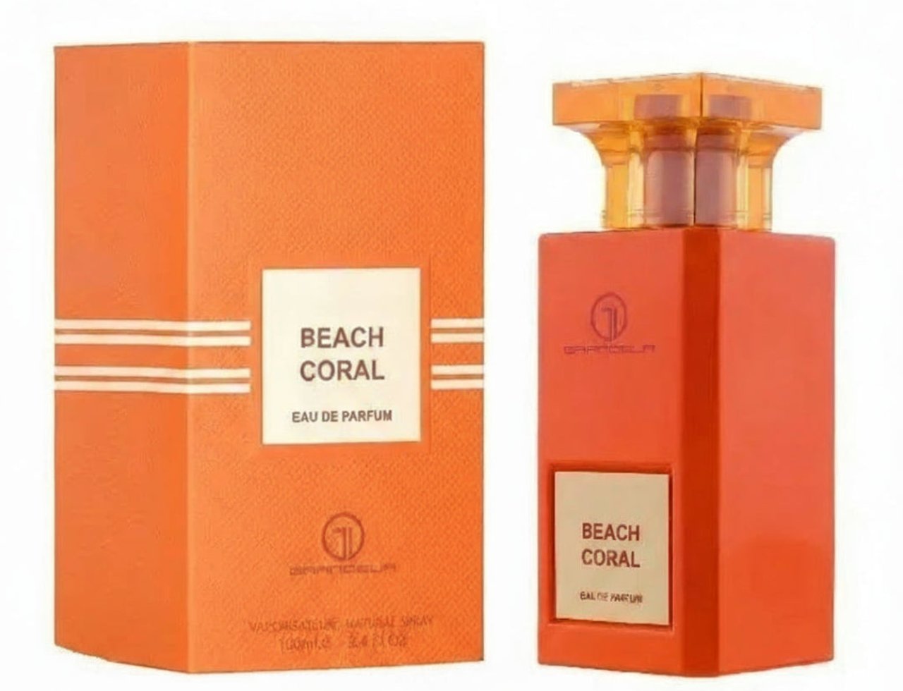 Grandeur Beach Coral Eau de Parfum — Botol dan kotak minyak wangi oren sepadan dengan label putih, di latar belakang putih.
