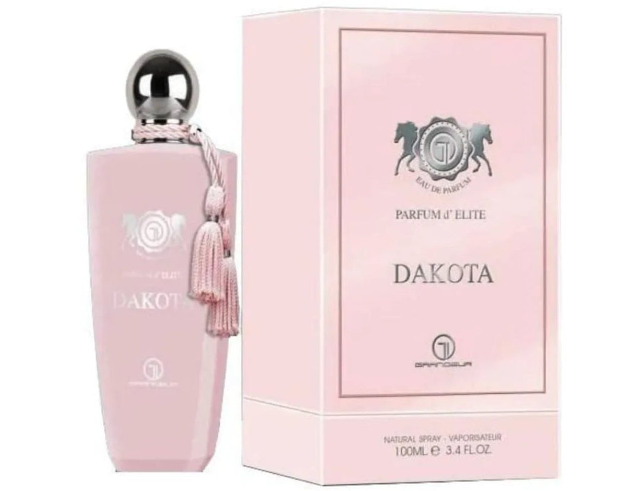 Grandeur Dakota by Grandeur Elite 100ml EDP – Botol minyak wangi wanita dengan perincian tassel merah jambu dan kotak sepadan, penutup perak