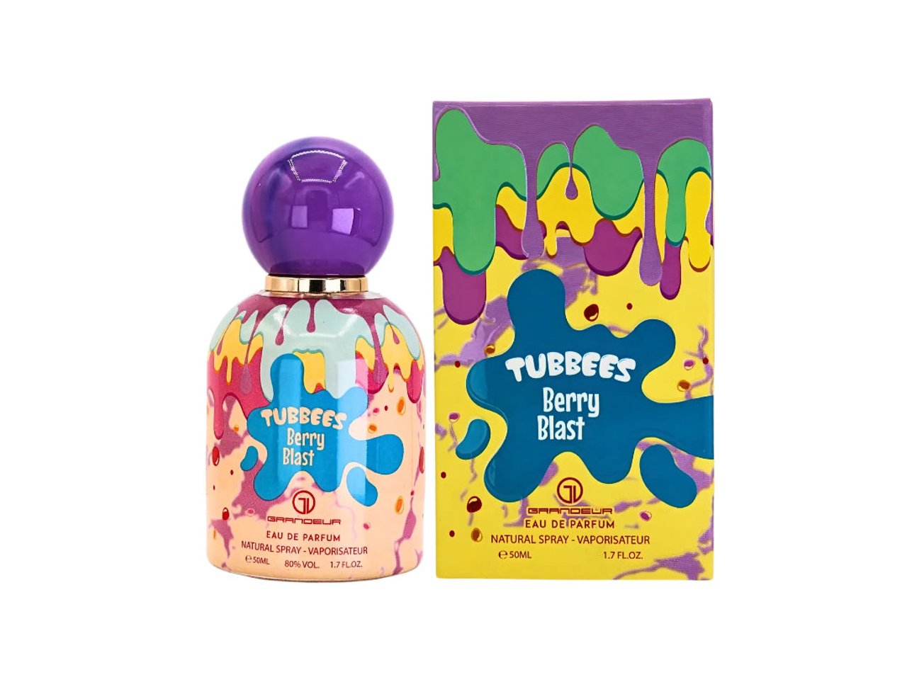 Grandeur Berry Blast by Grandeur Tubbees 50ml Woman — A colorful perfume bottle with a purple cap and a matching box, featuring a playful, drippy paint design.