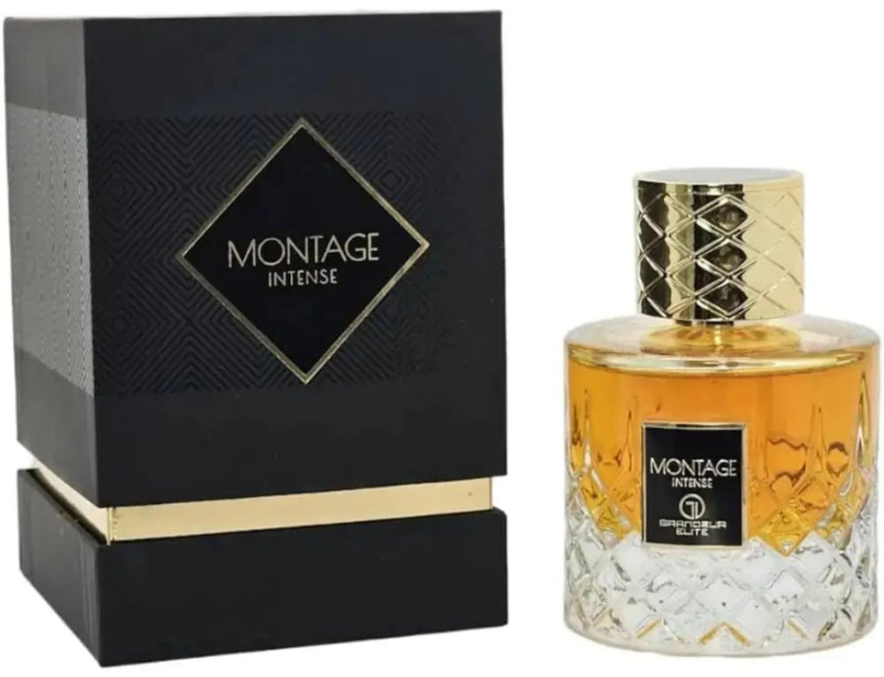 Grandeur Montage by Grandeur Intense 100ml EDP — Black textured box with gold diamond pattern and gold trim, next to a clear glass perfume bottle with amber liquid and a gold textured cap.
