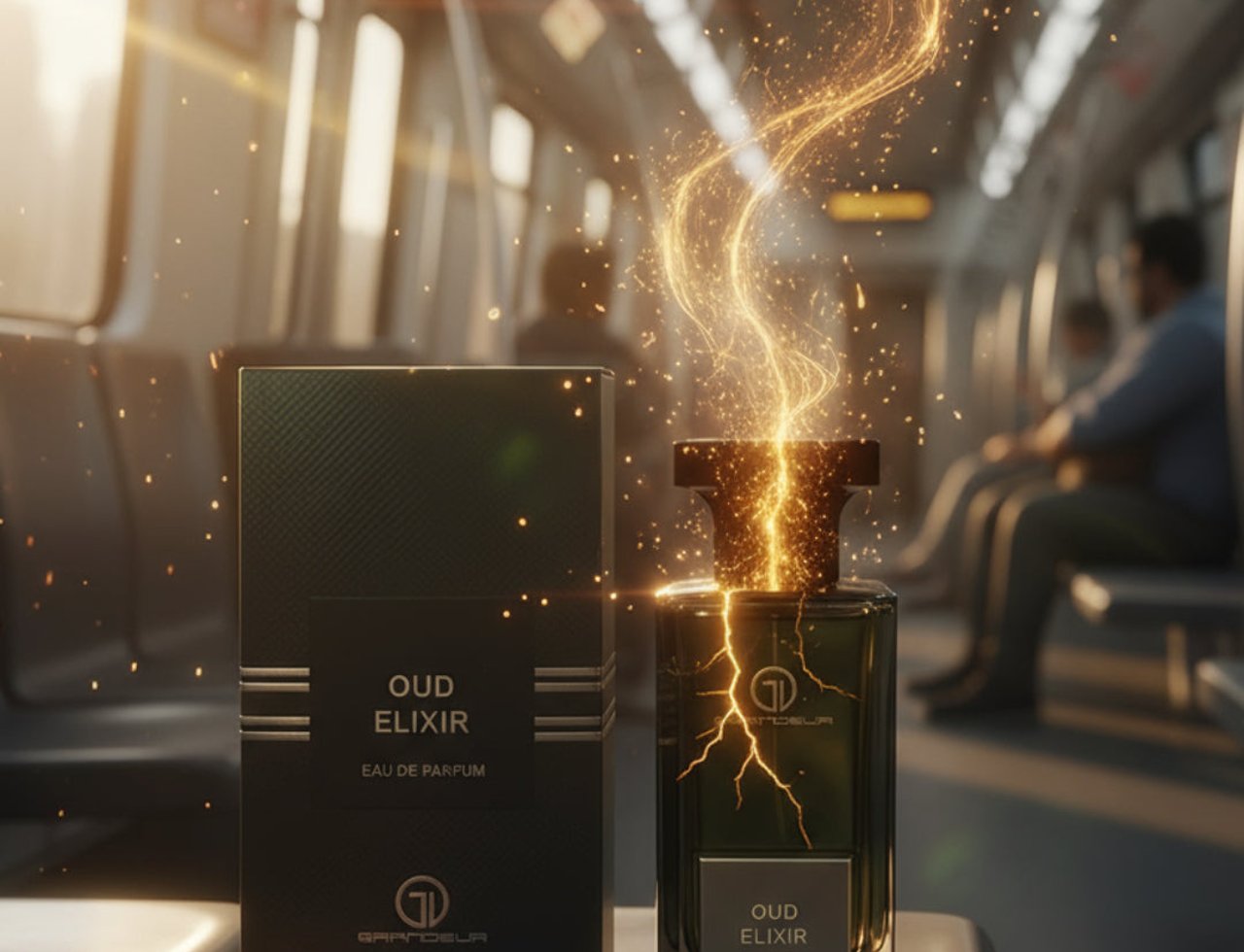 Grandeur Oud Elixir — A dark green perfume bottle and its box are displayed on a surface inside a train carriage, with golden energy swirling from the bottle's opening.