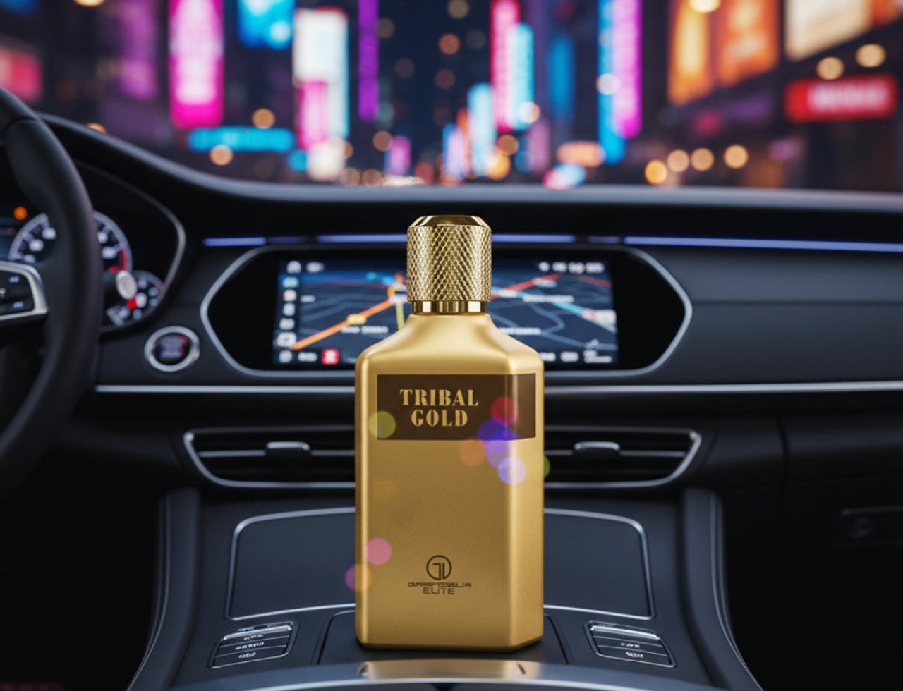 Grandeur Tribal Gold Man by Grandeur 100ml EDP Men — Gold perfume bottle with textured cap, placed on a car's center console with a blurred city night background.