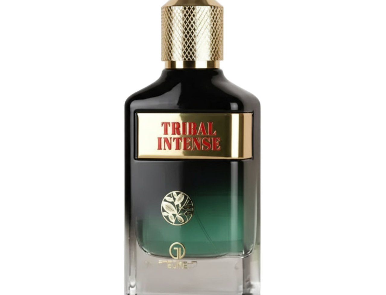 Grandeur Tribal Intense by Grandeur 100ml EDP Men — A clear glass perfume bottle with a black gradient to green, featuring a gold cap and a gold label with red text reading 'TRIBAL INTENSE'.
