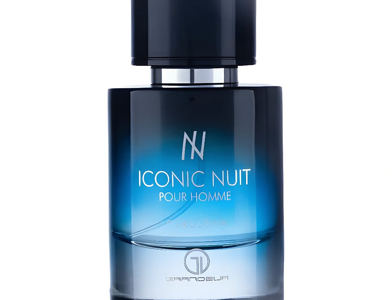 Grandeur Iconic Nuit Pour Homme 100ml EDP for Men — A clear glass perfume bottle with a dark blue gradient, silver accents, and a black cap. The label features the 'N' logo and 'ICONIC NUIT POUR HOMME' text.