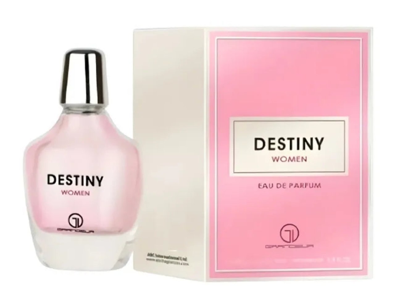 Grandeur Destiny by Grandeur Elite 100 ml EDP Women — Botol minyak wangi merah jambu bertutup perak di sebelah kotak merah jambu dan putihnya