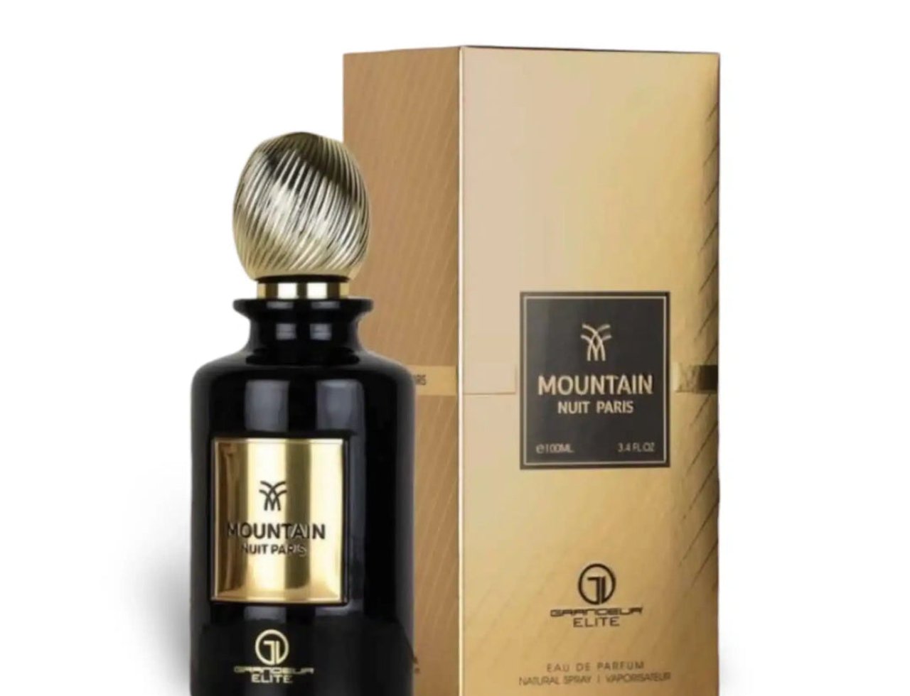 Grandeur Mountain Nuit Paris 100ml EDP Grandeur Elite for Men — Botol minyak wangi hitam dengan penutup emas dan label emas, bersebelahan kotak pembungkus emasnya.
