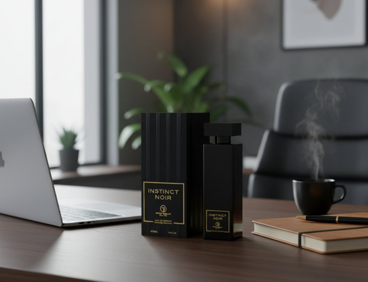 Grandeur Instinct Noir by Grandeur 100ml Lelaki — Botol dan kotak wangian hitam atas meja kayu, sebelah laptop, cawan kopi berasap, dan buku nota.