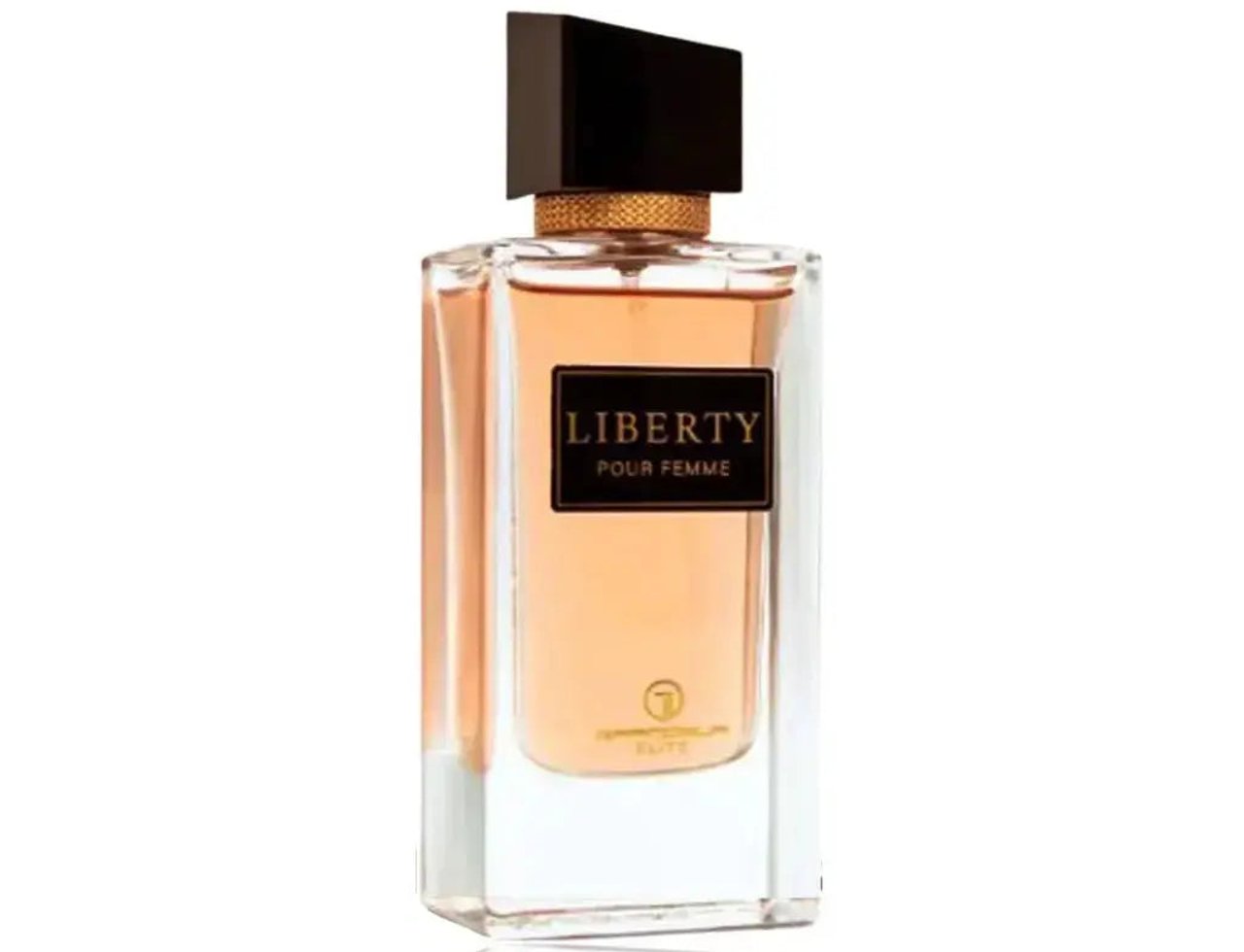 Grandeur Liberty EDP Grandeur Elite Perfume For Her Spray 60ml — Botol minyak wangi kaca jernih berisi cecair warna pic, penutup hitam dengan aksen emas, dan label hitam bertulis 'LIBERTY POUR FEMME'.