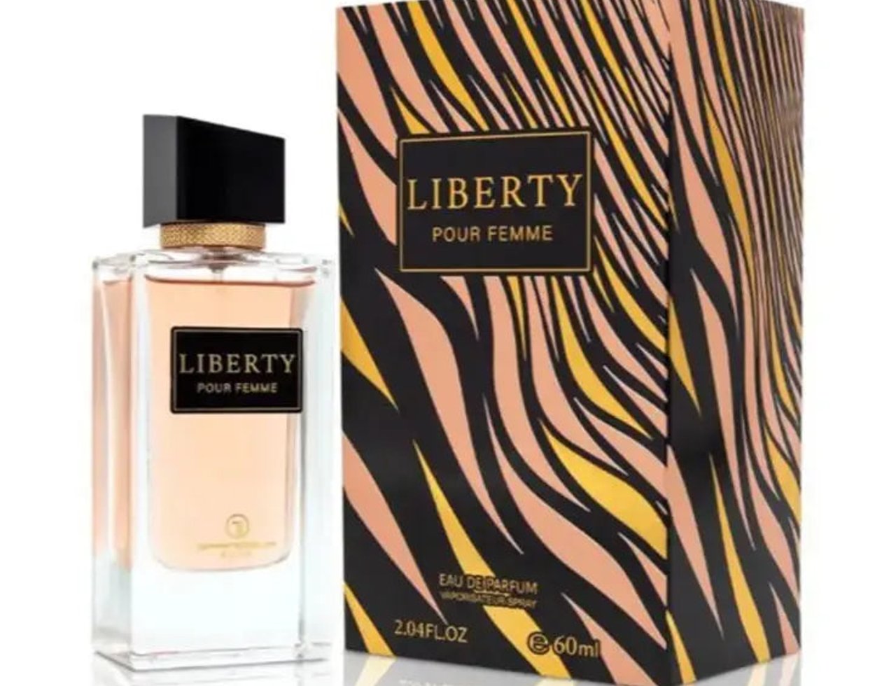 Grandeur Liberty EDP Grandeur Elite Perfume For Her Spray 60ml — A clear glass perfume bottle with a black cap and gold accents, filled with pale pink liquid, sits next to its matching box with a bold black, pink, and yellow tiger stripe pattern.