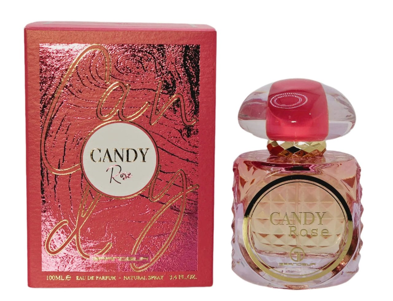 Grandeur Candy Rose by Grandeur – 100 ml untuk Wanita botol dan kotak minyak wangi, menampilkan kotak bertekstur merah jambu dengan tulisan emas dan botol kaca jernih dengan penutup merah jambu dan emas.