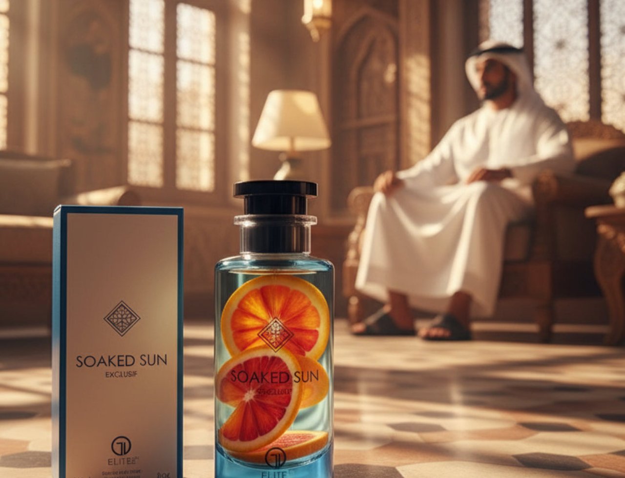 Grandeur Soaked Sun Exclusif by Grandeur Elite EDP 100 ml — A blue perfume bottle with sliced oranges inside, next to its beige box, in a luxurious room with a man in traditional attire sitting in the background.