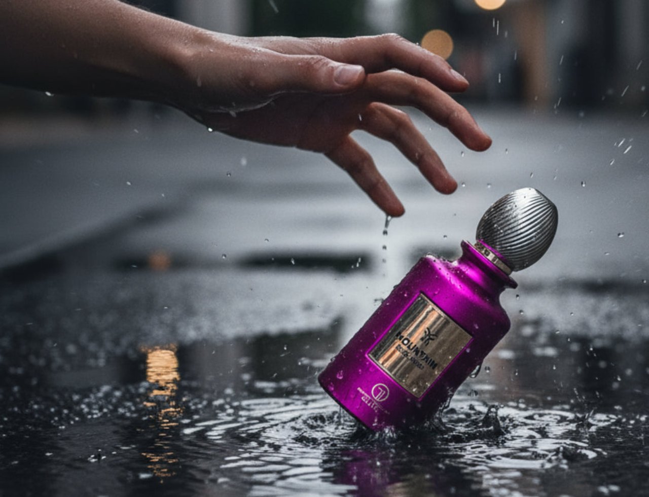 Grandeur Mountain Rose Paris 100ml EDP Grandeur Elite for Her — A hand reaches down towards a vibrant purple perfume bottle splashing in a puddle on a wet street.