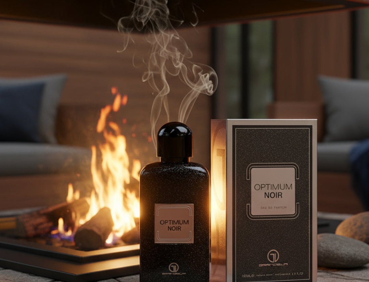Grandeur Optimum Noir – Black textured perfume bottle and box with gold accents, placed on a stone surface next to a fireplace with flames and smoke.