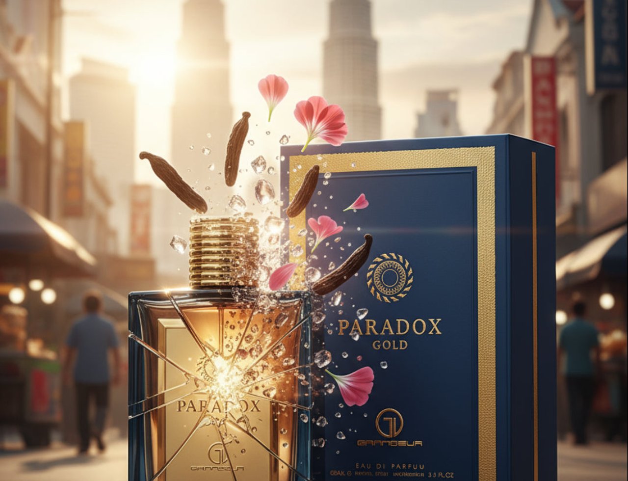 Grandeur Paradox Gold by Grandeur Elite 100 ml Man — Botol minyak wangi kaca dengan perincian emas dan cecair keemasan, dikelilingi buah koko, kelopak merah jambu, dan titisan air yang terapung, dengan kotak biru gelap di latar belakang, di hadapan jalan bandar yang kabur dengan pencakar langit.