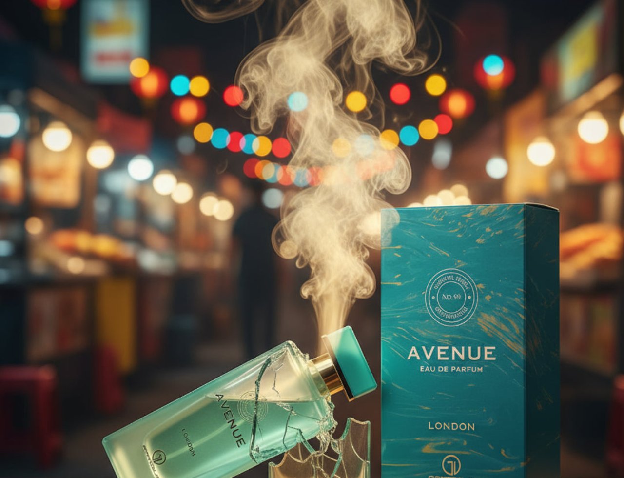 Grandeur Avenue London 100ml EDP – A shattered glass perfume bottle with smoke rising, next to its teal box, set against a blurred night market background with colorful lights.