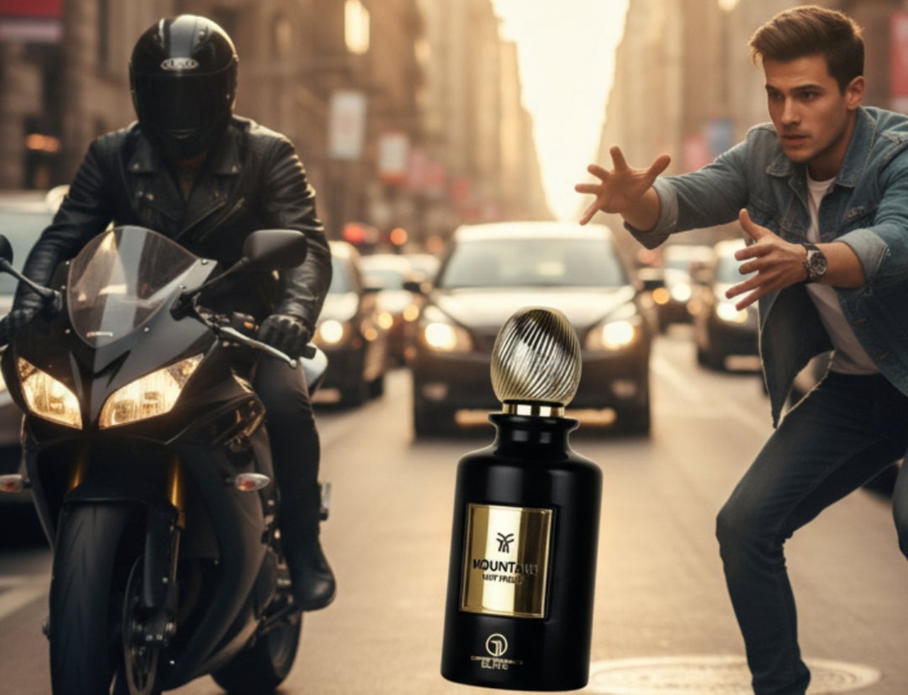Grandeur Mountain Nuit Paris 100ml EDP Grandeur Elite for Men — A black perfume bottle with a gold fluted cap stands on a city street, with a motorcyclist on the left and a man reaching out on the right.