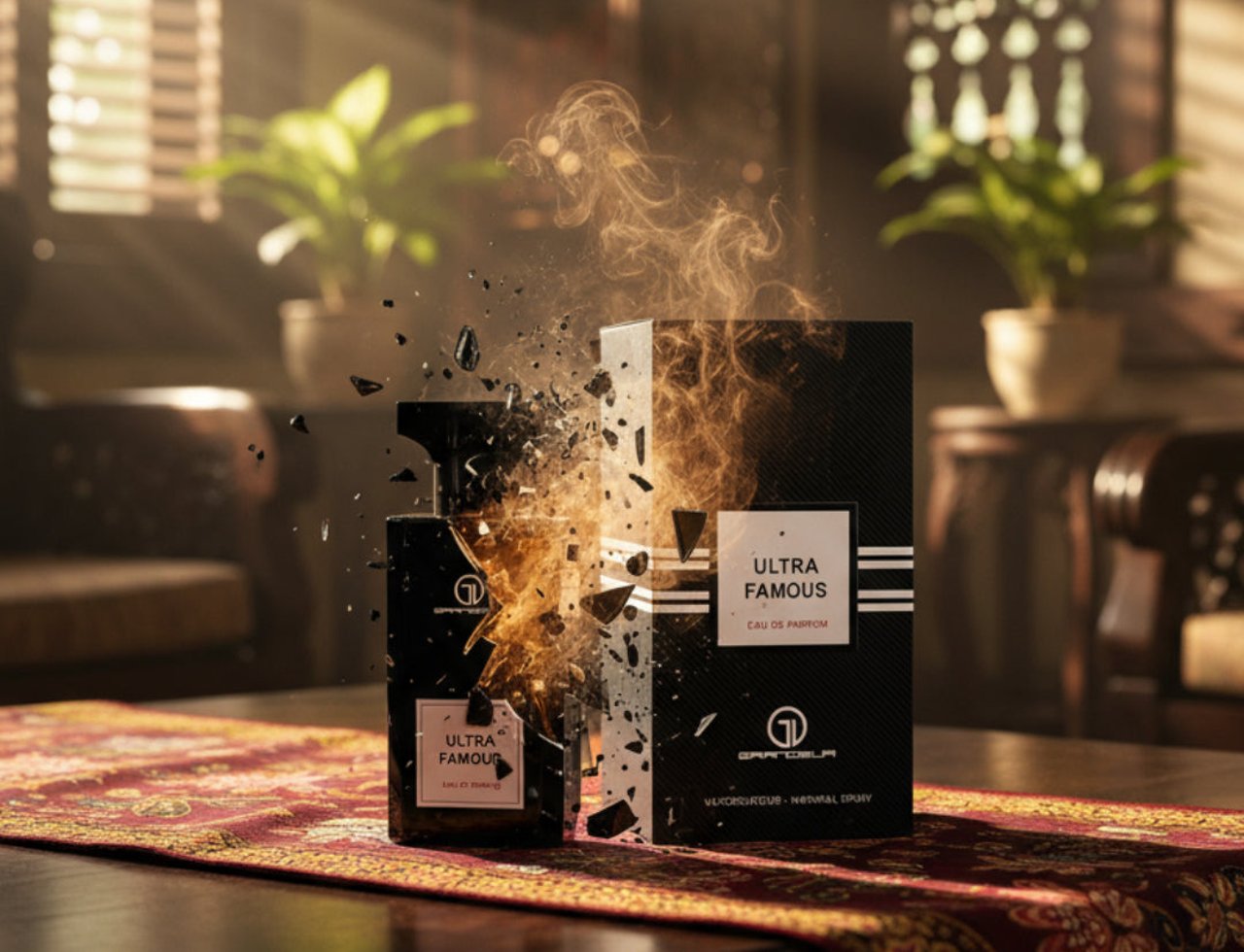 Grandeur Ultra Famous by Grandeur Elite – 100 ml for Men, a black perfume bottle and its box exploding with smoke and debris, set on a patterned runner on a wooden table.