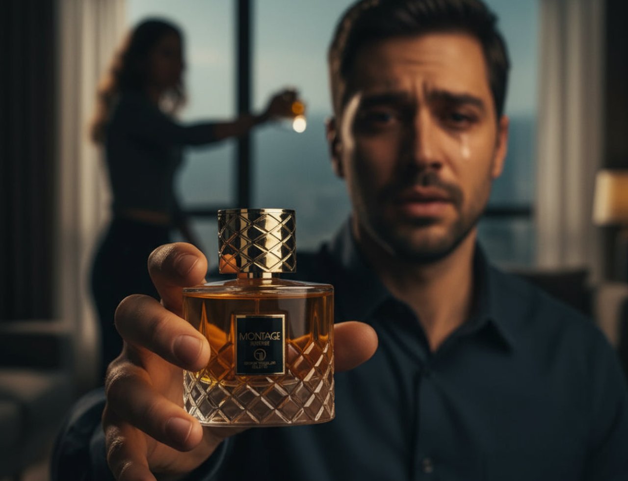 Grandeur Montage by Grandeur Intense 100ml EDP — Lelaki menangis, pegang botol minyak wangi kaca jernih dengan penutup corak emas dan tapak kaca potongan berlian, wanita di latar belakang pegang gelas.