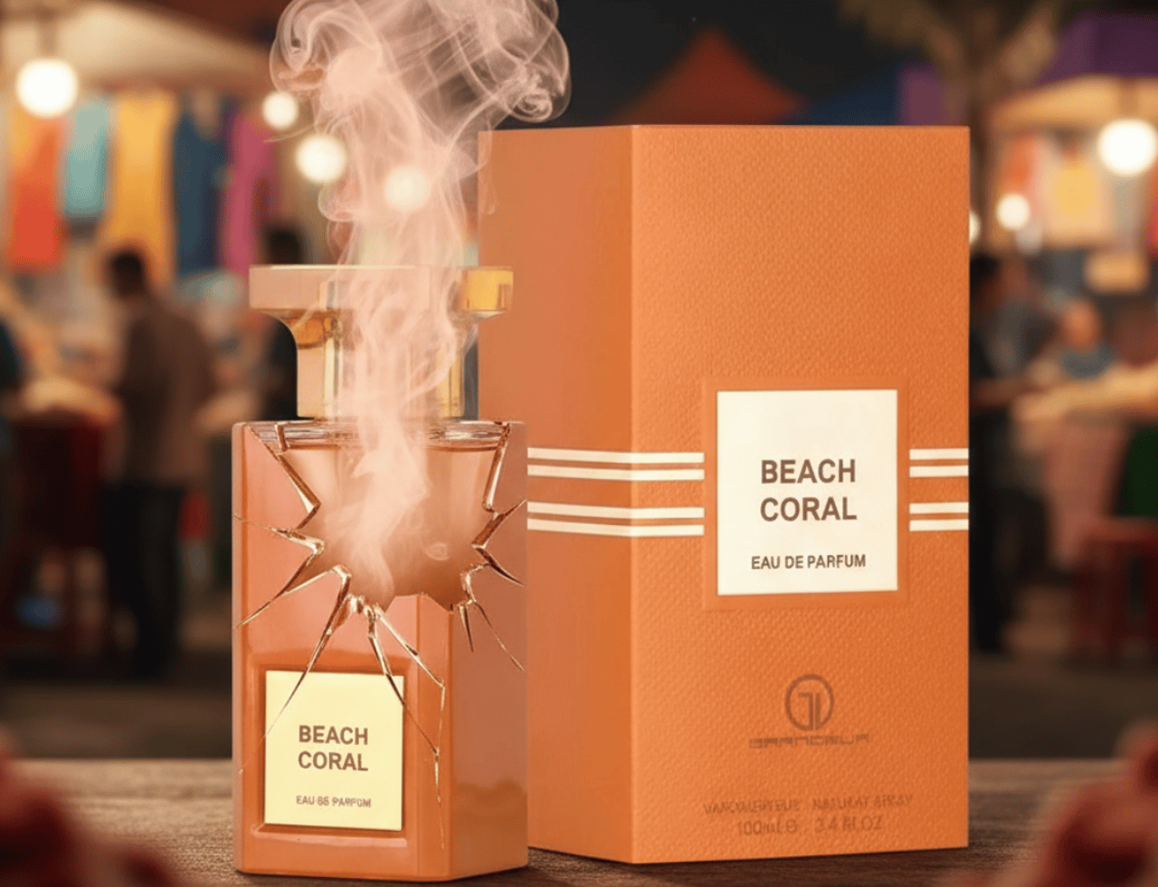 Grandeur Beach Coral by Grandeur 100 ml for Women — A cracked glass perfume bottle with golden accents, emitting smoke, stands next to its orange textured box on a wooden surface, with a blurred market background.