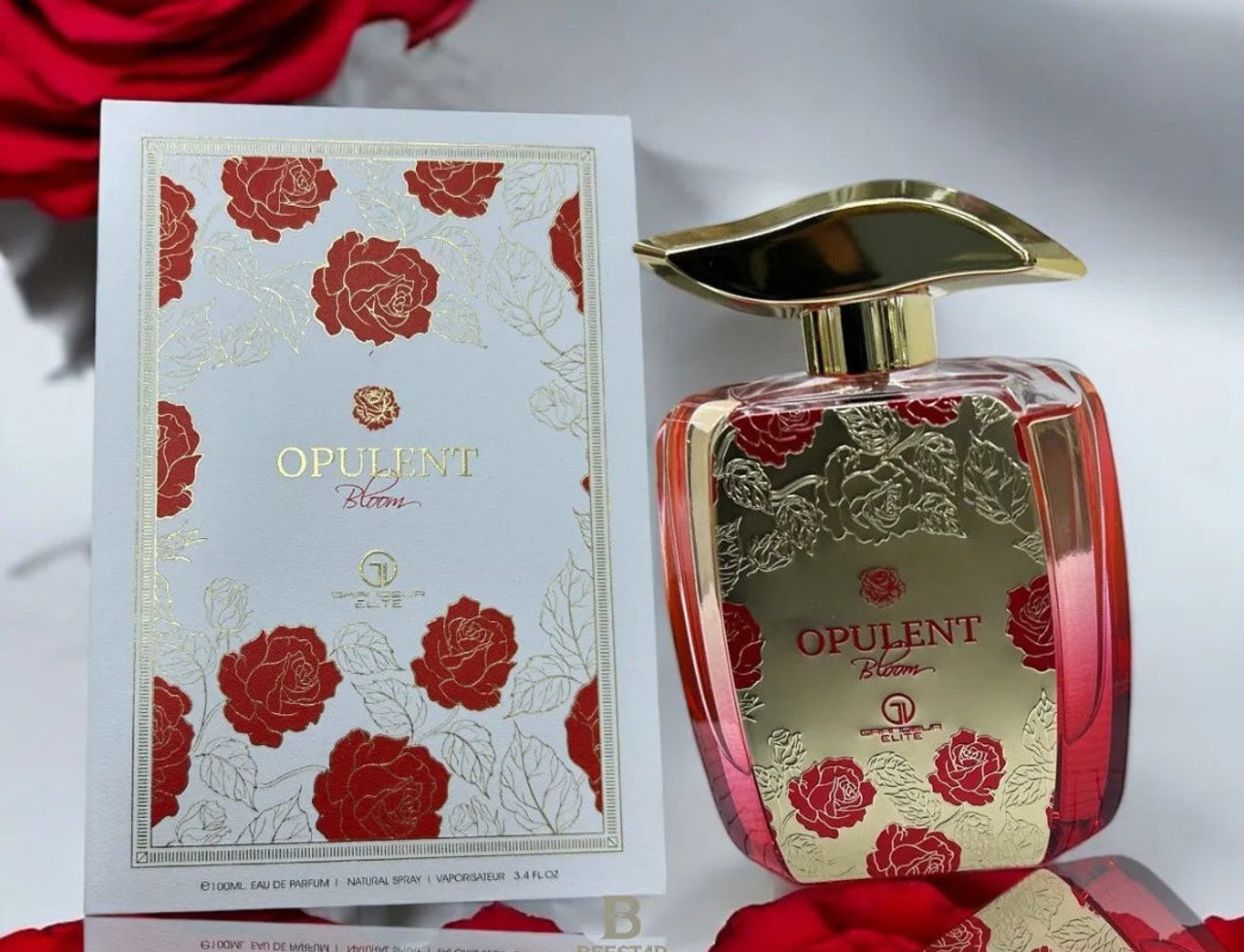 Grandeur Opulent Bloom Red by Grandeur Elite 100 ml for Women — Perfume bottle and box with red rose floral design, gold accents, and gold cap.
