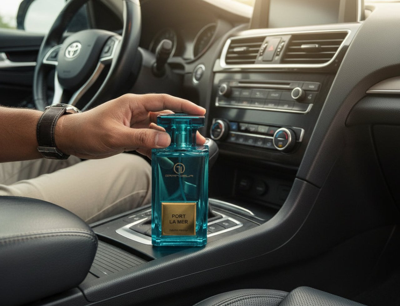 Grandeur Port La Mer Grandeur Elite 100ml EDP — Tangan pegang botol minyak wangi biru turquoise berlabel emas di dalam konsol tengah kereta.