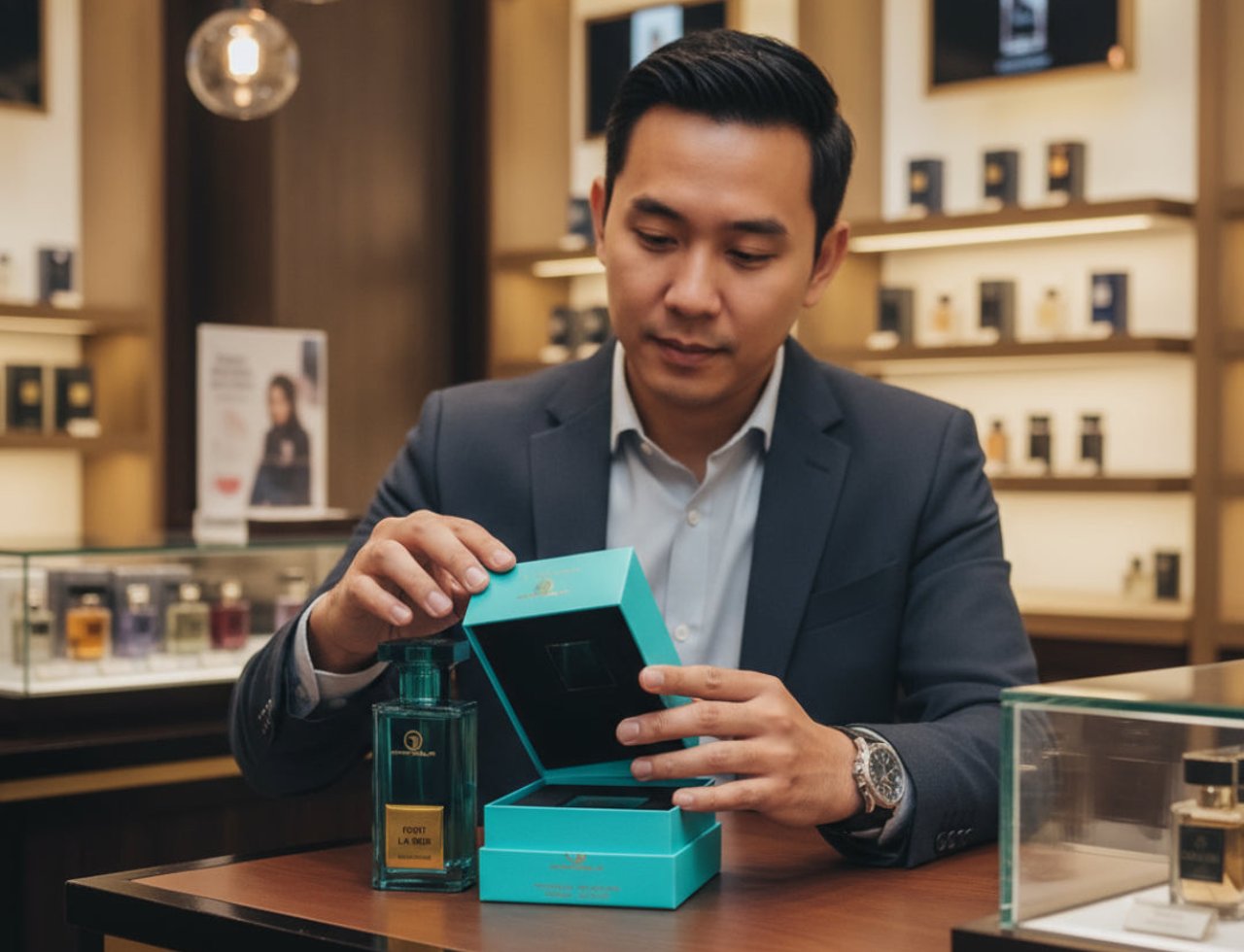 Grandeur Port La Mer Grandeur Elite 100ml EDP — Man in suit opening a teal box to reveal a perfume bottle, with shelves of other perfumes in the background.