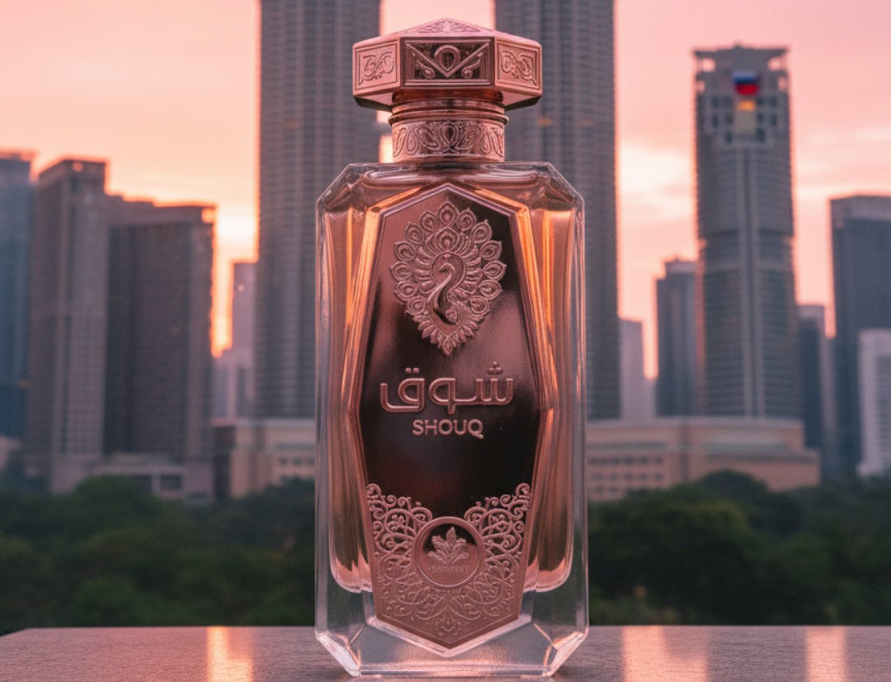 Al Wataniah Shouq Pink by Al Wataniah 100ml EDP Women — Botol minyak wangi emas ros dengan rekaan merak dan bunga yang rumit, berlatar belakang langit bandar ketika matahari terbenam.
