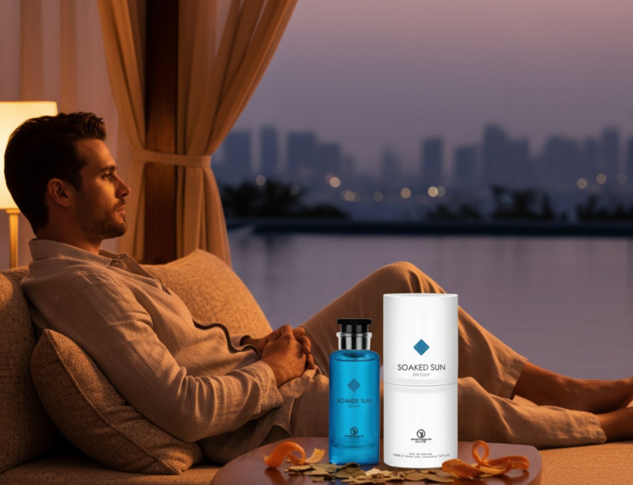 Grandeur Soaked Sun Exclusif by Grandeur Elite EDP 100 ml — Lelaki bersantai di sofa tepi tingkap menghadap langit bandar senja, dengan botol minyak wangi dan pembungkusan silinder di atas meja.