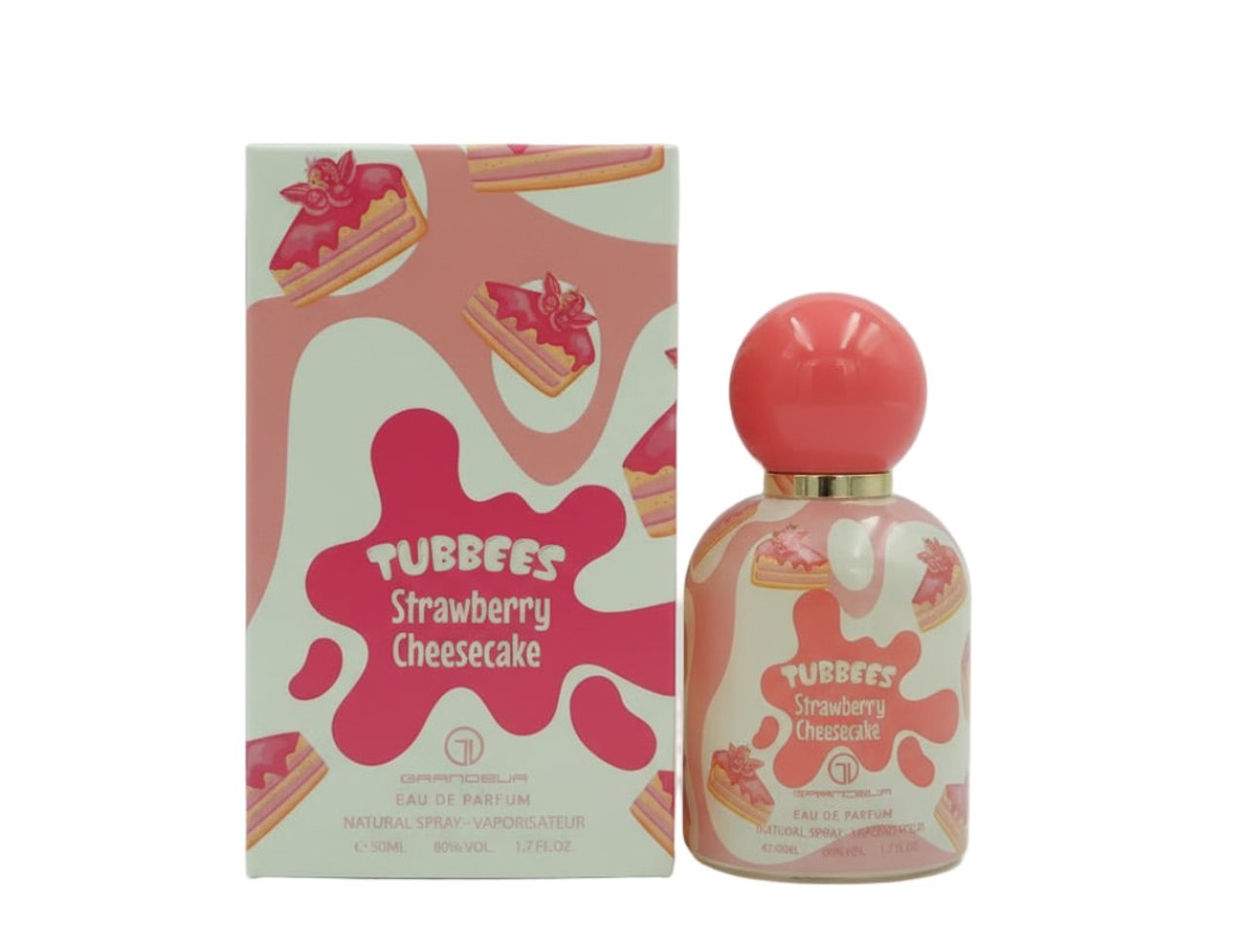 Grandeur Strawberry by Grandeur Tubbees 50ml Woman — Botol wangian dan kotaknya, kedua-duanya dihiasi corak berombak merah jambu dan hirisan kek keju strawberi. Botolnya bertudung sfera merah jambu.