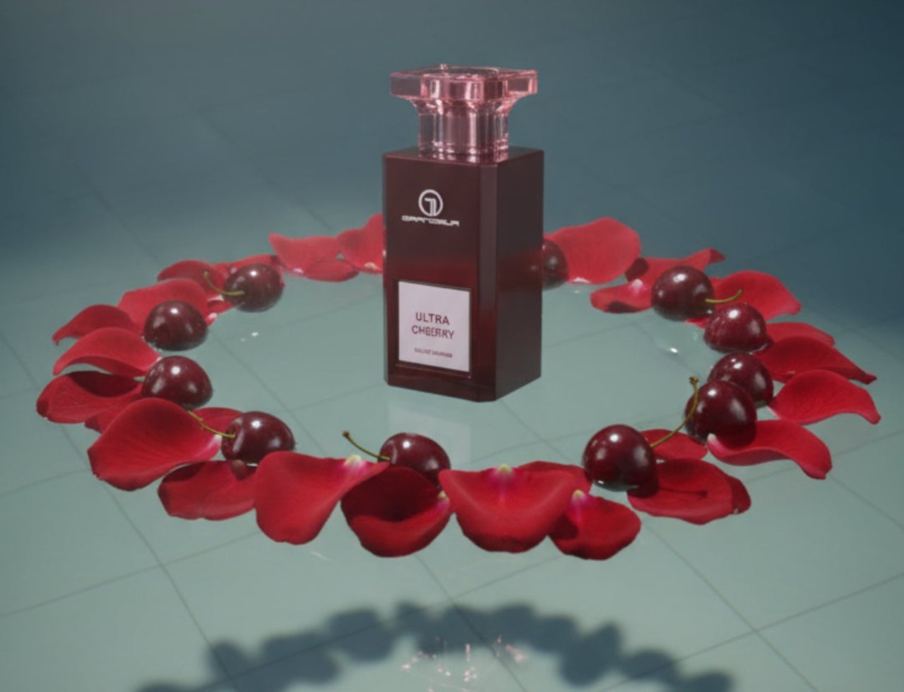 Botol minyak wangi Grandeur Ultra Cherry by Grandeur – 100 ml for Women dikelilingi kelopak mawar merah dan buah ceri di permukaan reflektif dengan latar belakang biru gradien.