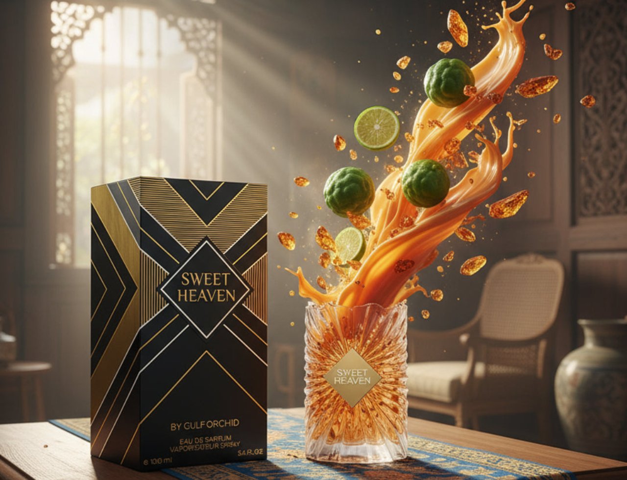 Sweet Heaven by Gulf Orchid — Kotak minyak wangi hitam emas berdiri sebelah gelas kristal dengan percikan cecair oren, menampilkan limau kaffir dan titisan amber, di dalam bilik dengan tingkap berhias.