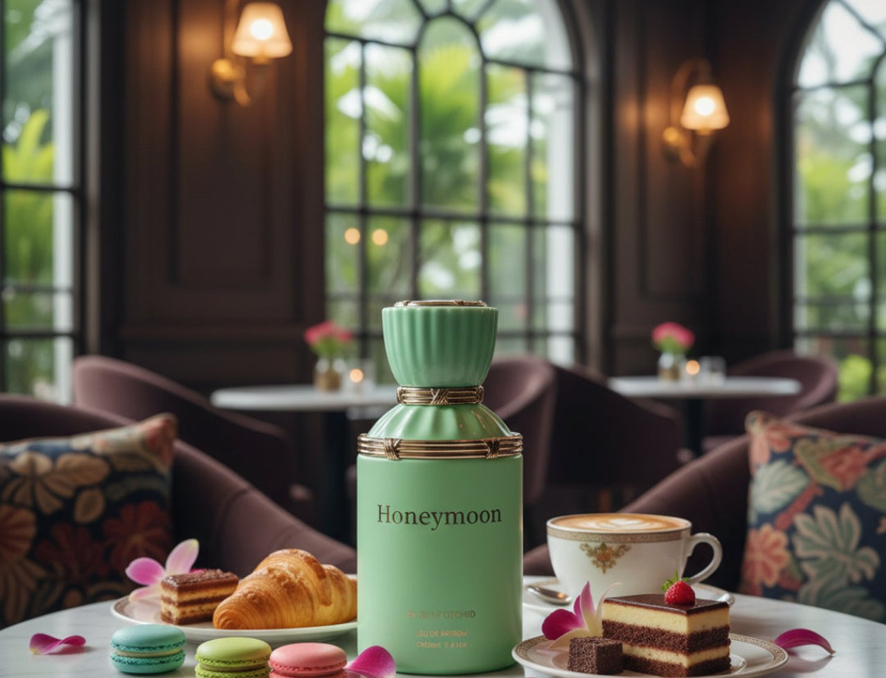 Honeymoon by Gulf Orchid Unisex 100ml — Botol minyak wangi hijau dengan aksen emas di atas meja marmar bersama makaron, croissant, kek, dan kopi.