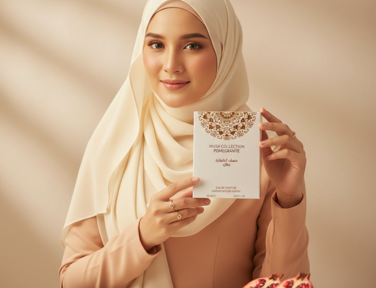Gulf Orchid Pomegranate Musk 60ml For Her — Woman in hijab holding a perfume box, with sliced pomegranates and seeds on a wooden table.