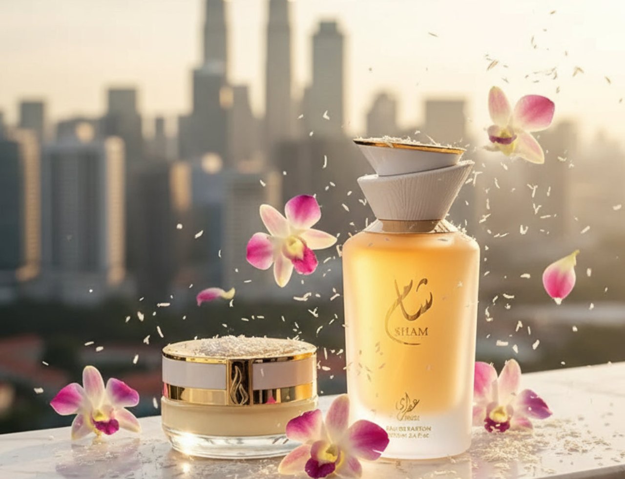 Gulf Orchid Sham Perfume Woman Gulf Orchid – Her 100 ml, bersama balang krim, orkid merah jambu, dan kelapa parut berlatar belakang langit bandar.