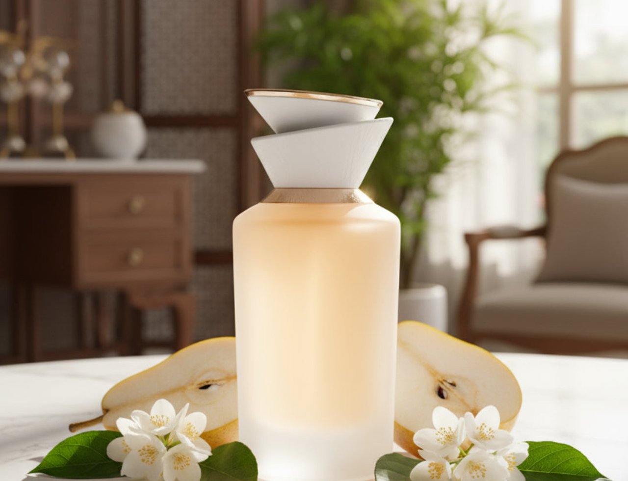 Gulf Orchid Sham Perfume Woman Her 100 ml — Frosted glass perfume bottle with a layered white and gold cap, surrounded by sliced pears and jasmine flowers on a marble surface.