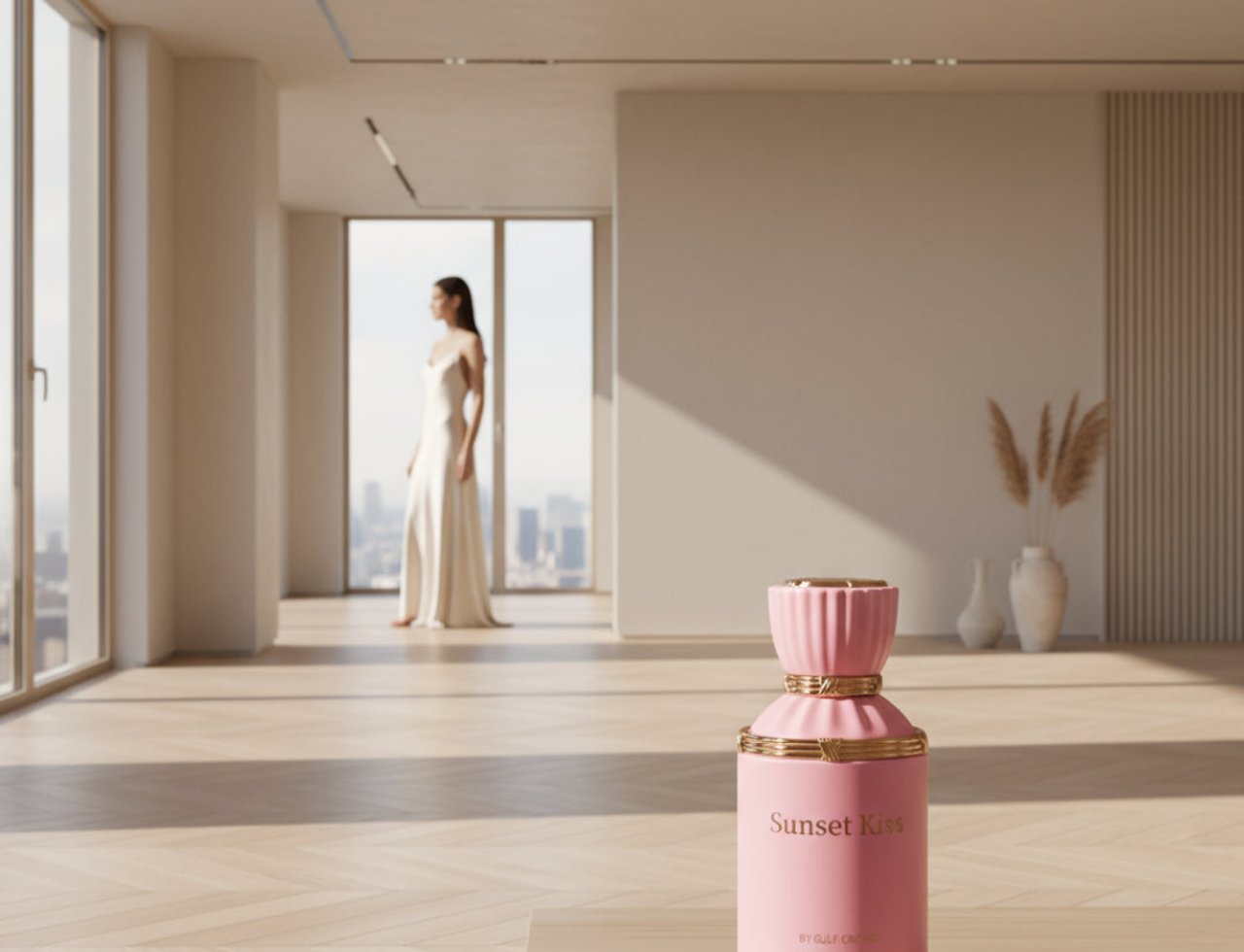 Gulf Orchid Sunset Kiss 100ml EDP Woman — Pink perfume bottle with gold accents on a wooden surface, with a woman in a white dress in the background near large windows.