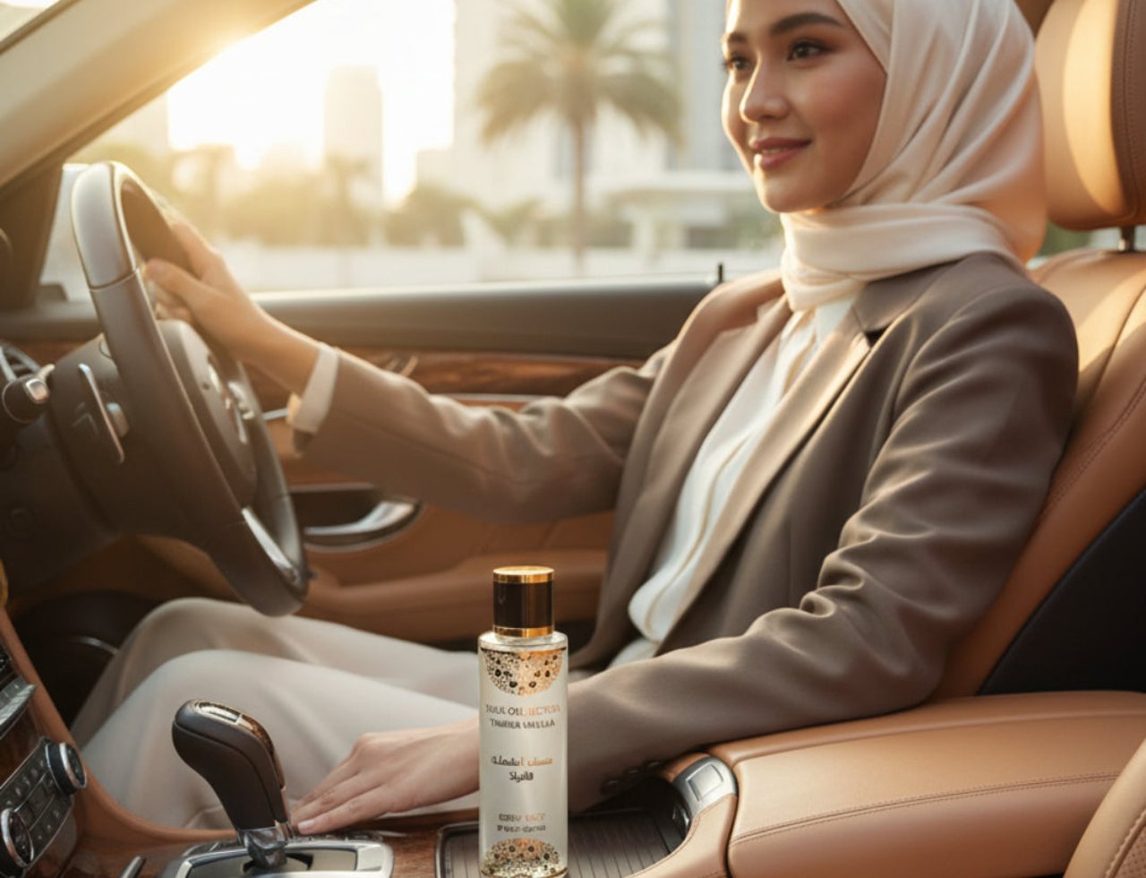 Gulf Orchid Tahara Vanilla Body Mist 250ml Woman — Wanita bertudung dan bersuit memandu kereta mewah, memegang botol Tahara Vanilla Body Mist.