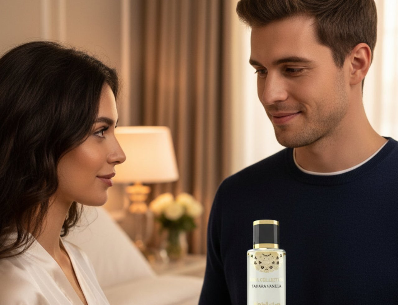 Gulf Orchid Tahara Vanilla Body Mist by Gulf Orchid 250ml Woman — A man holds a bottle of Tahara Vanilla Body Mist, looking at a woman who is wearing a white robe. They are in a bedroom setting.