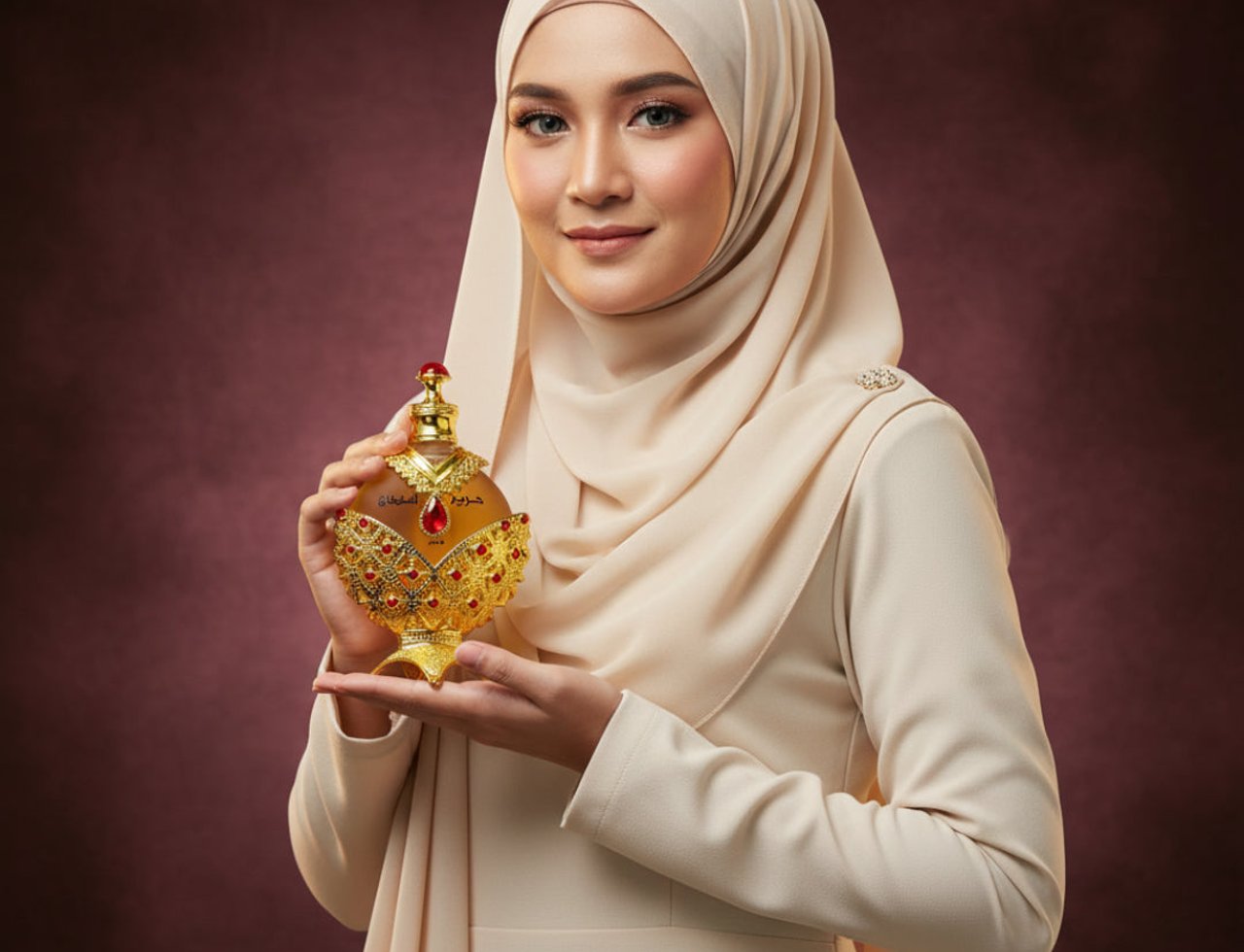 Khadlaj Hareem Al Sultan Gold by Khadlaj 35ml — Woman in a beige hijab holding a decorative gold perfume bottle with red gems