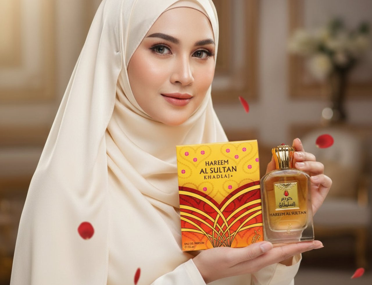 Khadlaj Hareem Al Sultan Gold 75ml — Wanita bertudung krim pegang kotak minyak wangi kuning dan botol minyak wangi berpenutup emas, dengan kelopak mawar merah bertaburan.
