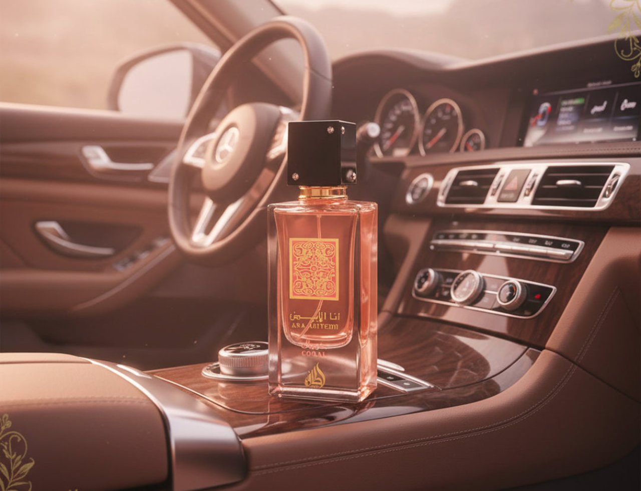 Lattafa Ana Abiyedh Coral — Amber glass perfume bottle with gold ornate label sits on a car's wooden dashboard