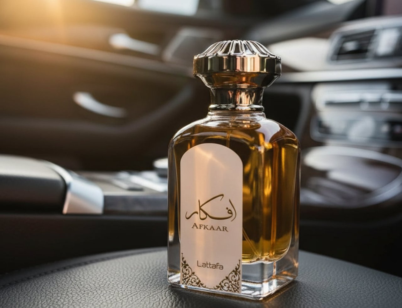 Lattafa Afkaar EDP 100ml Unisex — Clear glass bottle with gold liquid and ornate label, placed inside a car.