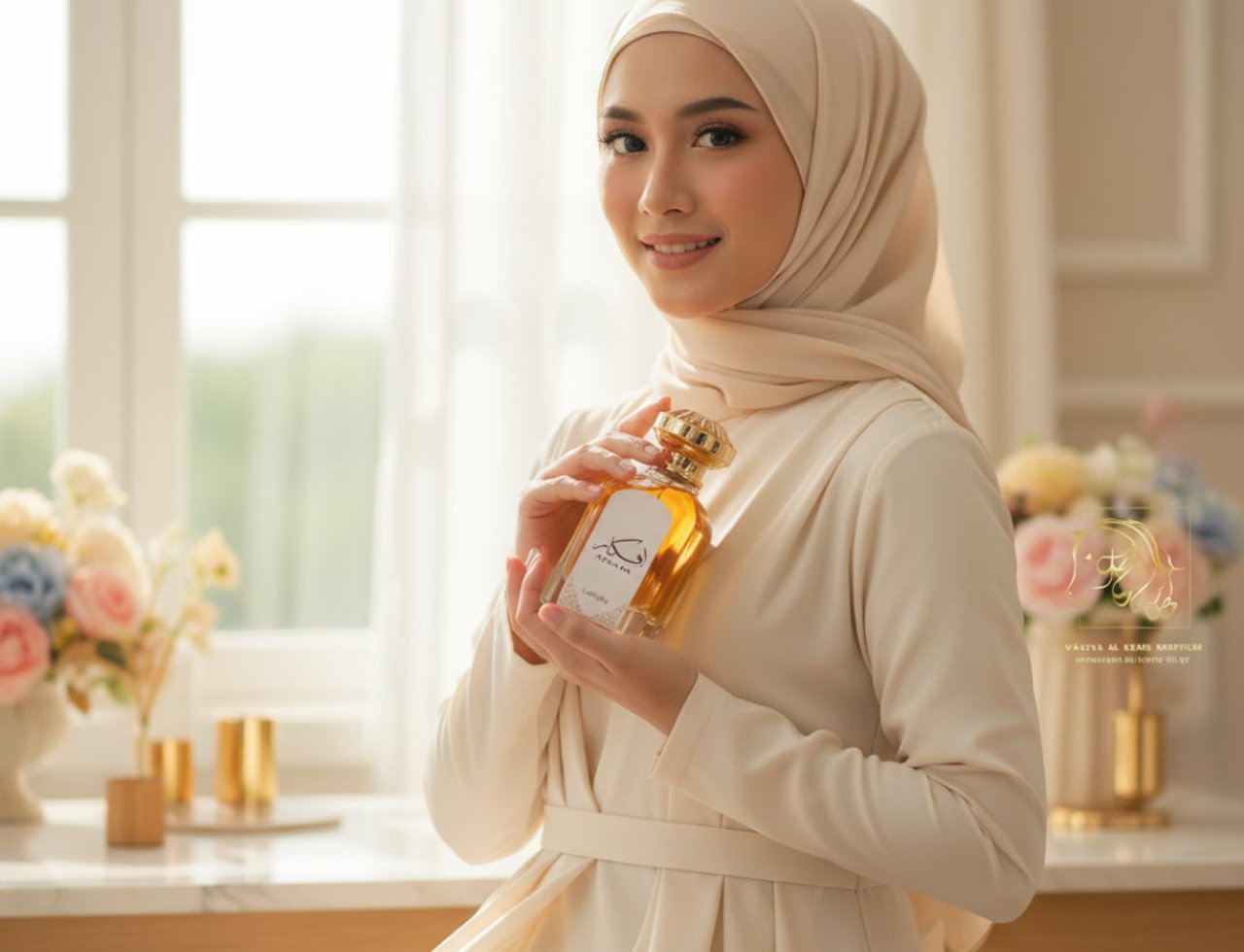 Lattafa Afkaar by Lattafa EDP 100ml Unisex — Wanita bertudung memegang botol wangian Lattafa Afkaar berwarna keemasan, dengan latar belakang tingkap dan bunga.