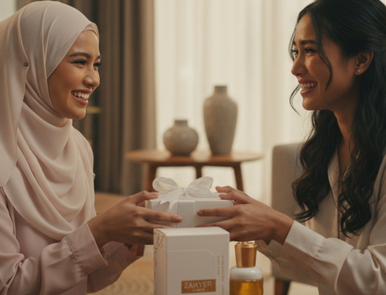 Lattafa Ajayeb Dubai Portrait by Lattafa EDP 100ml — Two women exchanging a gift box and a perfume bottle on a table.