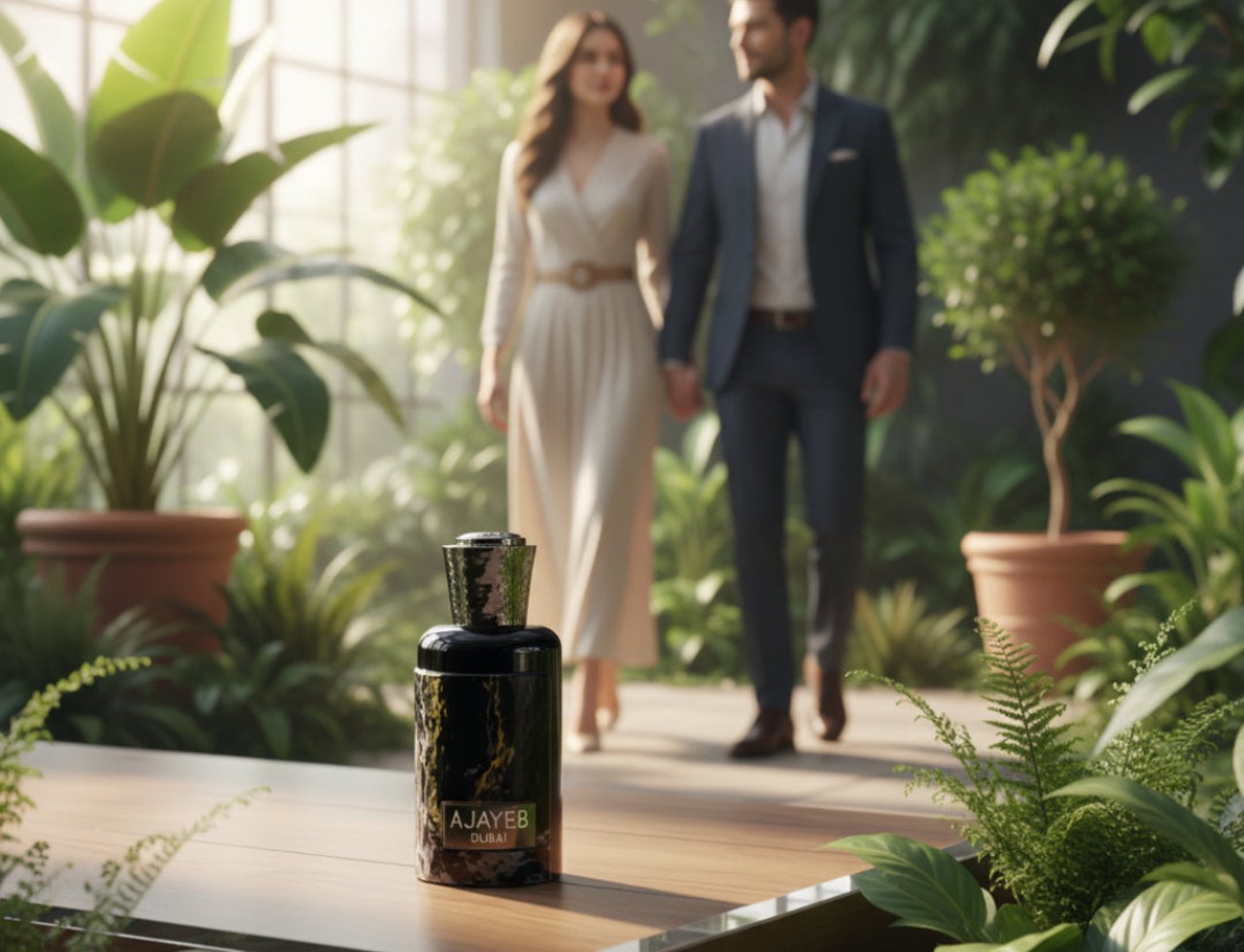 Lattafa Ajayeb Dubai by Lattafa EDP 100ml — A dark, textured perfume bottle sits on a wooden surface in a lush greenhouse, with a blurred couple walking in the background.