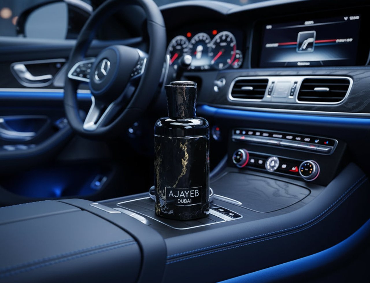 Lattafa Ajayeb Dubai by Lattafa EDP 100ml — Botol minyak wangi corak marmar hitam dengan aksen emas, diletakkan di konsol tengah dalaman kereta mewah dengan pencahayaan biru ambien.