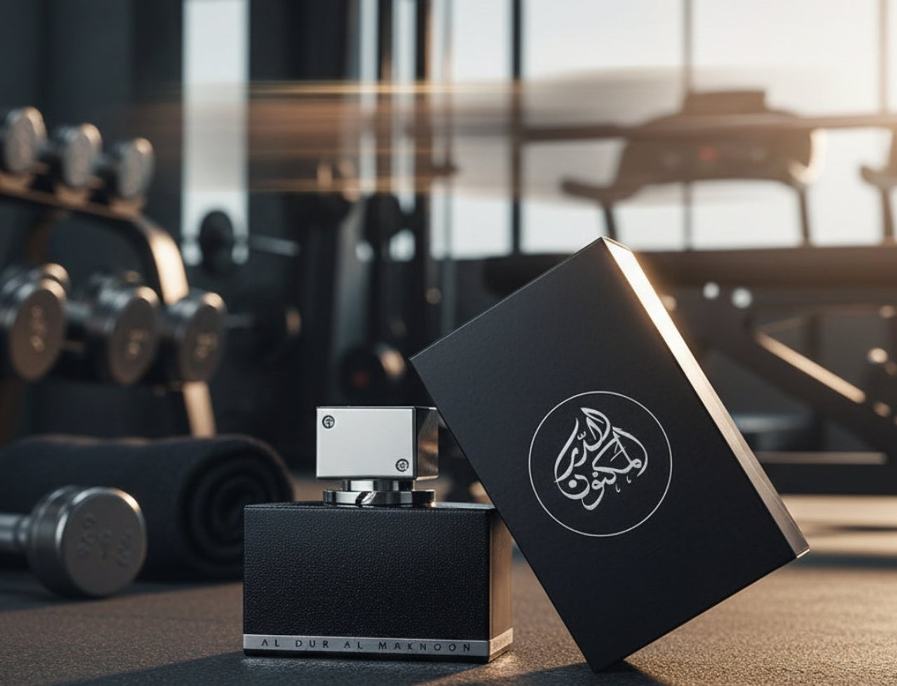 Lattafa Al Dur Al Maknoon Silver — Black perfume bottle and box on gym floor with dumbbells and towel