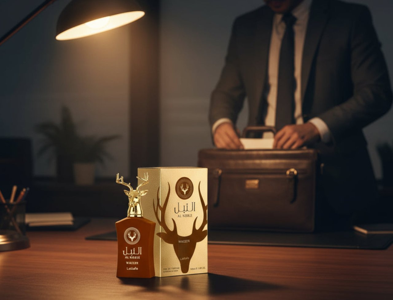 Al Noble Wazeer by Lattafa Perfumes — A golden deer head bottle and box sit on a desk with a man in a suit packing a